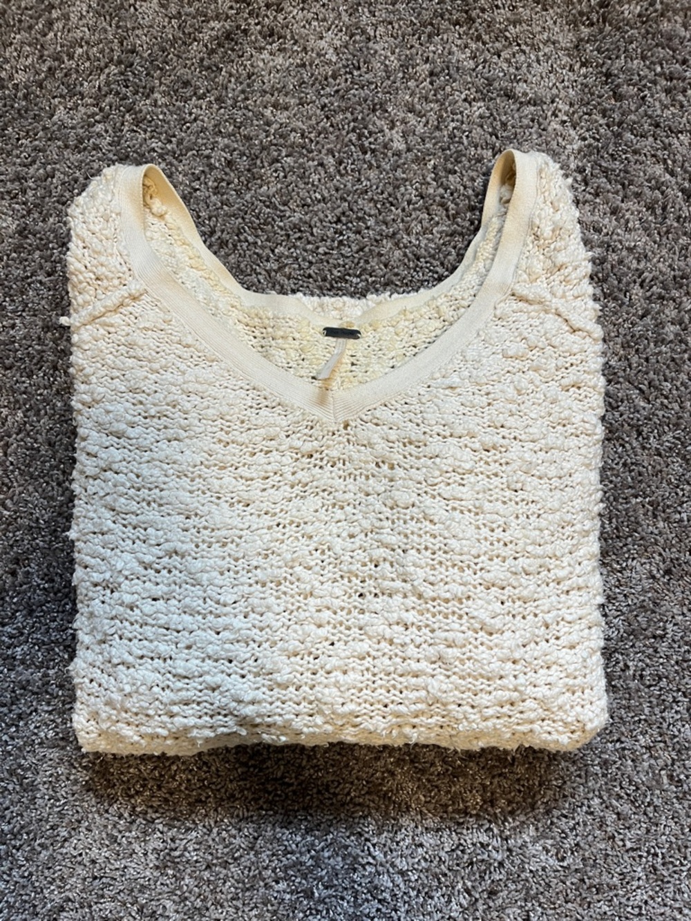 Free People Cream Textured V-Neck Sweater